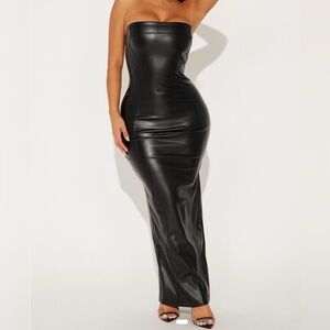 Faux Leather Black Strapless Dress